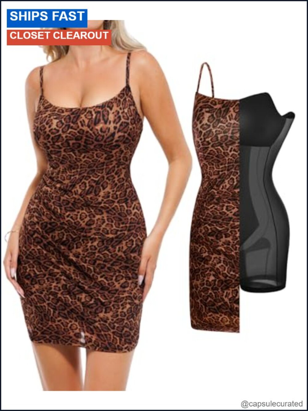 Spaghetti Strap Mini Dress Built In Shapewear Ruched Mesh Bodycon